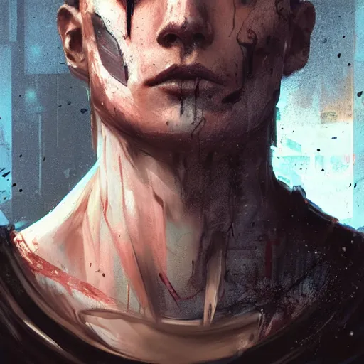 Prompt: close-up, symmetrical!, portrait of a young man, bruised and scarred! cyberpunk, techwear! by Greg Rutkowski, matte painting, trending on artstation