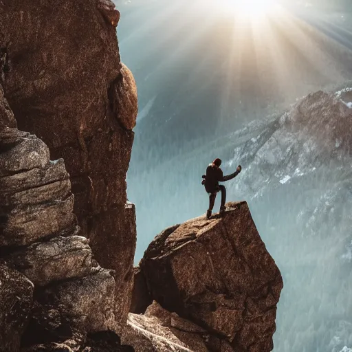 Image similar to a man climbing up a rocky mountain, no ropes, highly cinematic, dramatic, beautiful lighting, god rays, award winning photograph, national geographic, highly detailed, 4k