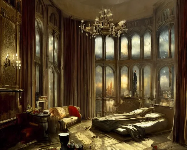 Image similar to a luxury hotel! suite room in the style of shakespearean! london!, art by greg rutkowski and artgerma, stunning! concept art, interior! design