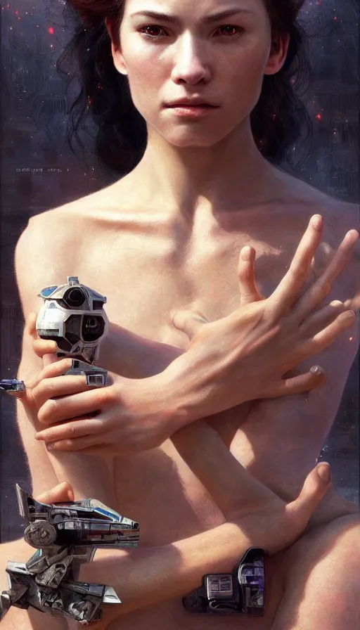 Image similar to epic masterpiece portrait star wars lady, sweaty skin, hyperrealistic, octane render, cinematic, beautiful face and flawless skin, perfect hands, 5 fingers, by Edgar Maxence and Ross Tran and Michael Whelan, Legends of Runeterra