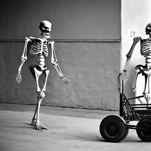 Image similar to a skeleton is wheeled by. to go to hospital. cinematic 3 5 mm