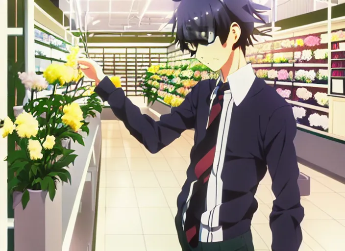 Prompt: anime visual of a young man shopping at a florist's store interior, cute face by ilya kuvshinov, makoto shinkai, kyoani, masakazu katsura, dynamic pose, crisp and sharp, yoshinari yoh, rounded eyes, anime poster, cel shaded