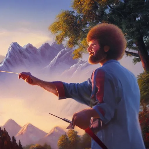 Image similar to a closeup photorealistic photograph of bob ross working on a canvas painting of spiderman. film still. brightly lit scene. mountains and trees. this 4 k hd image is trending on artstation, featured on behance, well - rendered, extra crisp, features intricate detail, epic composition and the style of unreal engine.