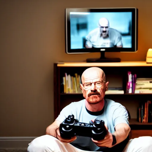 Prompt: dslr photo of walter white as a twitch streamer, playing video games, room lit with leds