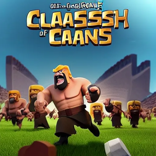 Image similar to clash of clans film poster concept featuring Obama and Trump