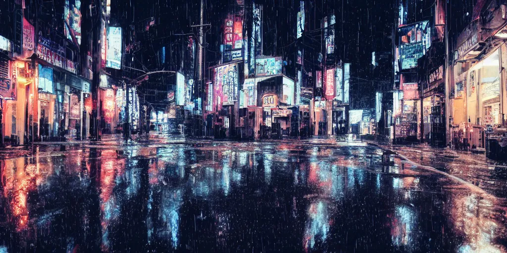 Image similar to a city street at night, raining, photograph, cyberpunk, sharp focus, intricate detail, Desolate, drone shot, high resolution, 8k, neon streetlights, wires hanging down everywhere