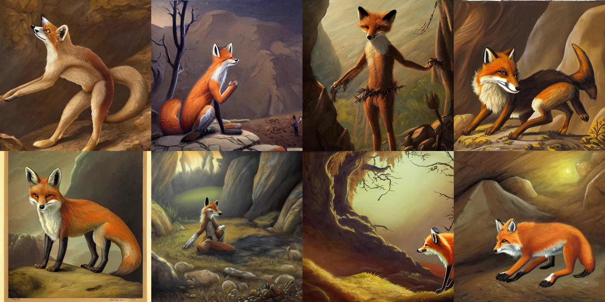 Prompt: A painting of an anthropomorphic fox in a loin cloth, stone age, inside of a dark cavern overlooking a barren moor, illuminated by the light of a camp fire, detailed painting