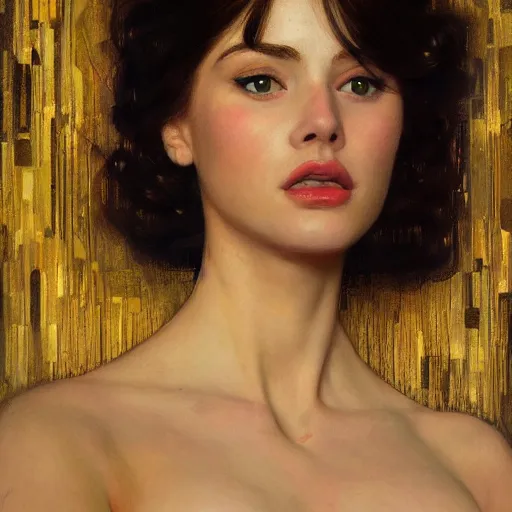 Image similar to modern woman | hyperrealistic | action pose | digital painting | trending on artstation | pinup portrait | clean | illustration | dressed | Unreal Engine 5 | 8k resolution | by Greg Rutkowski Gustav Klimt, J.W. Waterhouse and Mel Ramos