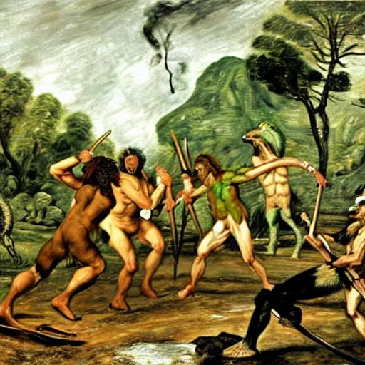 Prompt: A green scaly dinosaur fighting with several realistic detailed cavemen with proportioned bodies armed with spears, the cavemen are wearing animal furs, coarse canvas, visible brushstrokes, intricate, extremely detailed painting by John Constable