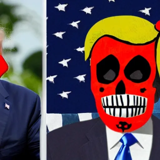 Image similar to donald trump wearing a dia de los muertos mask