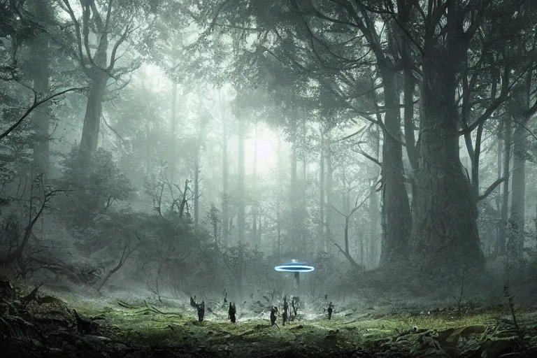 Image similar to ufo in a forest, concept art, intricate details, eerie, highly detailed, photorealistic, octane render, 8 k, unreal engine. art by greg rutkowski and james gurney and h r giger