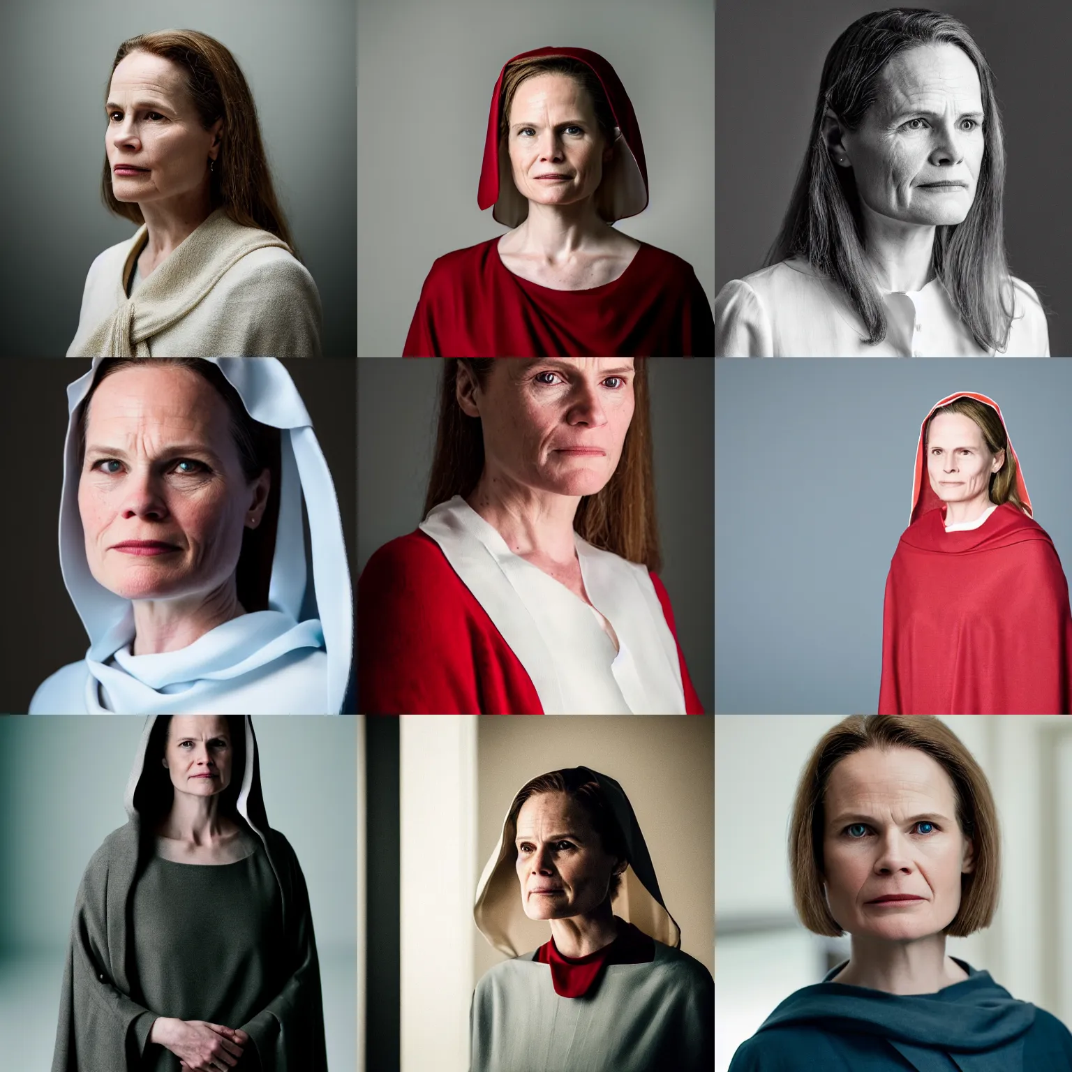 Prompt: Portrait photo of Amy Coney Barrett as a character in movie The Handmaid's Tale, studio lighting, 85mm f/1.4