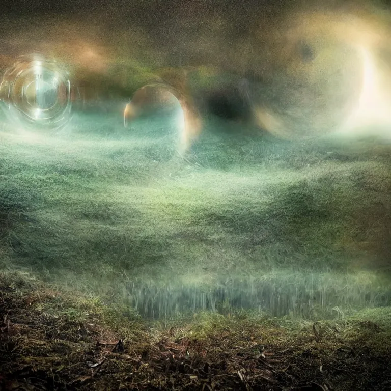 Image similar to a planet of various fungus, mushrooms and plants, inside the picture is infinity, Atmospheric phenomenon, artistic photography, muted colors, conceptual, long exposure outside the city, volumetric light