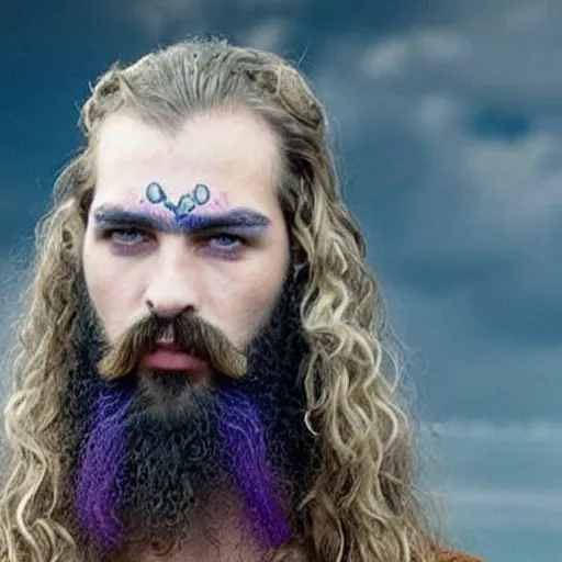 Image similar to Daario is lithe and smooth skinned with bright, deep blue eyes which can appear almost purple. His curly hair reaches his collar, and he keeps his beard cut in three prongs. Daario dyes his hair and trident beard, in blue and other times in deep purple. His fingernails are also enameled blue. His mustachios are painted gold, and he has a large, curving nose. A golden tooth gleams in in his mouth.