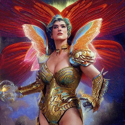 Prompt: katie perry as a trans futuristic asguardian superheroine in intricate dark seraphim warrior armor. her seraphim wings glow energy, art by gaston bussiere, craig mullins, simon bisley