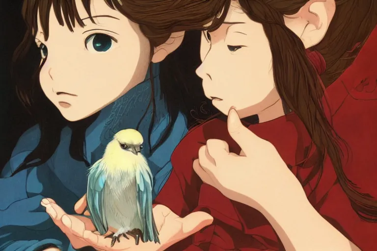 Image similar to young pretty girl holding a bird in her hands, looking touched, Fragile looking character portrait , beautiful scene; highly detailed art, by Studio Ghibli , High contrast, anime art