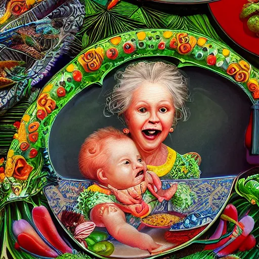 Prompt: hyper realistic hight detailed grandmother with a big mouth eating a baby on the table in the russian kitchen, style by ernst haeckel, bright colors