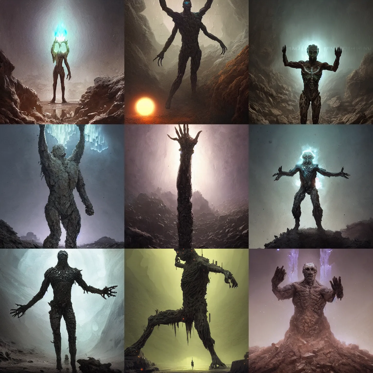 Prompt: earth elemental, man made of crystals and dirt, arms raised, cracked surface with glow beneath, gloomy, dark atmosphere, detailed, concept art, smooth, sharp focus, illustration, greg rutkowski