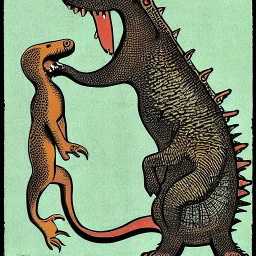 Prompt: a ferret and a dinosaur, colored woodcut, poster art, by Mackintosh, art noveau, by Ernst Haeckel