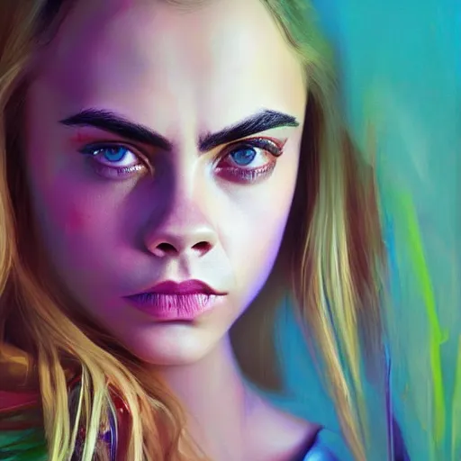 Image similar to cara delevingne, full body portrait colorful oil painting by android jones, john jean, yuumei, yanjun cheng, unreal 5, daz, hyperrealistic, octane render, rpg portrait, dynamic lighting, fantasy art, beautiful face