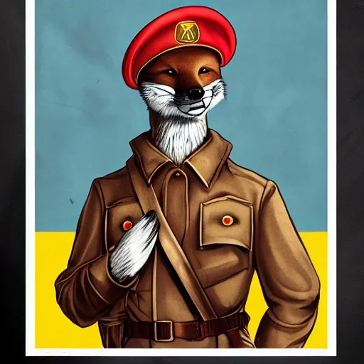 Image similar to fox animal dressed as a soldier in the style of a ww 2 propaganda poster