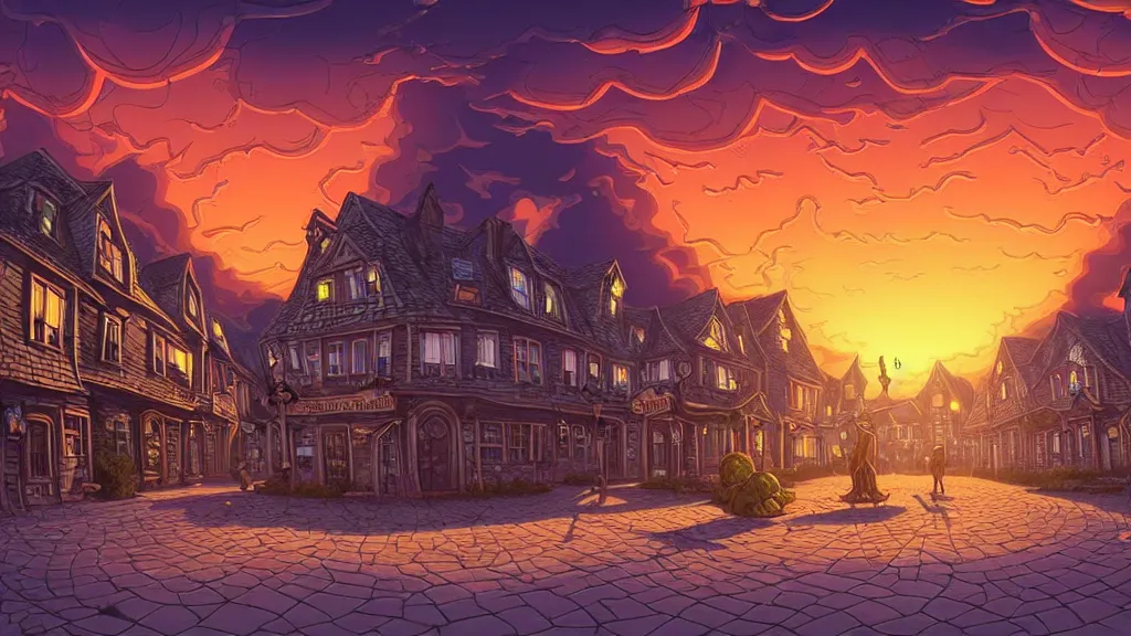 Image similar to empty lovecraftian town square surrounded by houses and inns at sunset. statue. lovecraftian city at sunset by cyril rolando and naomi okubo and dan mumford and ricardo bofill. lovecraft. cobbled streets. lovecraftian. sunset swirly sky.