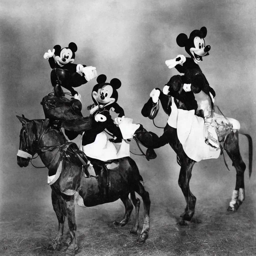 Image similar to a photograph of mickey mouse riding a horse called mini mouse