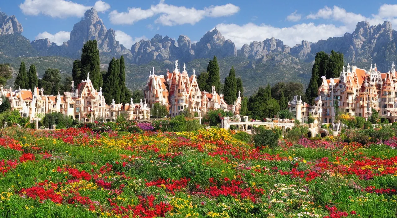 Prompt: a manor designed by Antoni Gaudí, with flower fields as foreground, with mountains as background