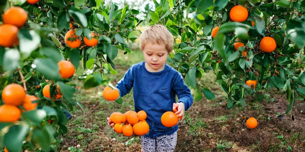 Prompt: a small child picking blueberries in a field growing an orange tree with red, green and yellow oranges hanging on it, on a bright and sunny morning