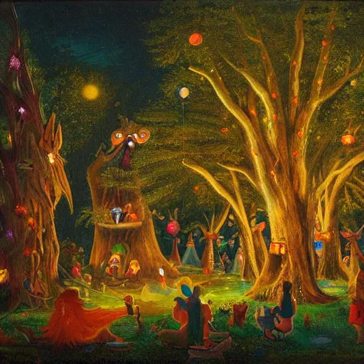 Image similar to a night carnival around a magical tree cavity, with a surreal orange moonlight and fireworks in the background, next to a lake with iridiscent water, christmas lights, folklore animals and people disguised as fantastic creatures sitting on sofas and couch in a magical forest by summer night, masterpiece painted by jean - baptiste perronneau, dark night environment