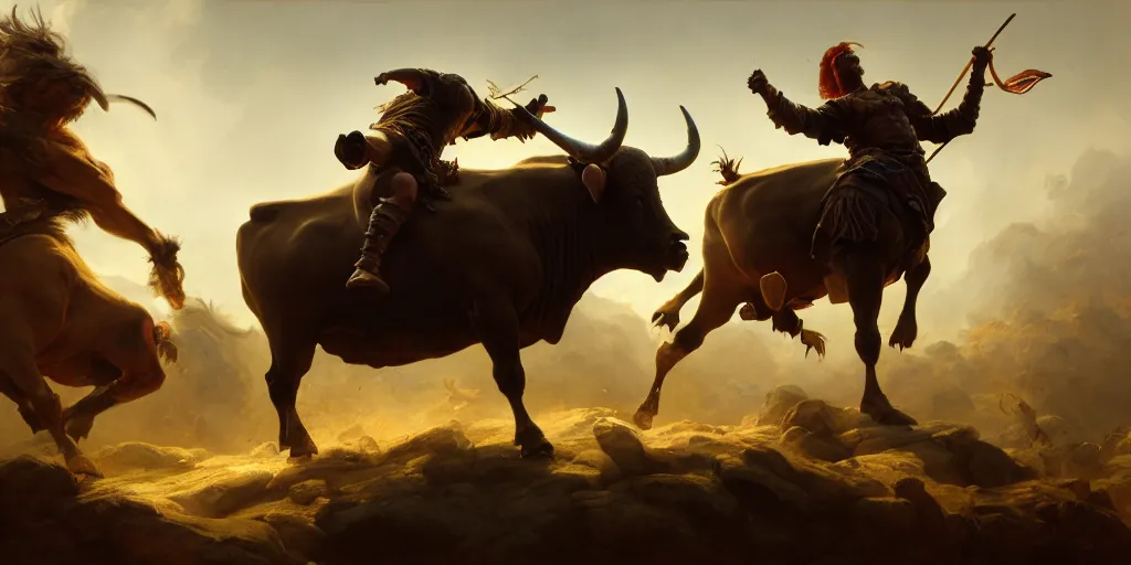 Prompt: don quixote fighting a bull, greek mythology, extremely detailed digital painting, in the style of goya and ruan jia and jeremy lipking and peter mohrbacher, mystical colors, rim light, beautiful lighting, 4 k, stunning scene, raytracing, octane, trending on artstation