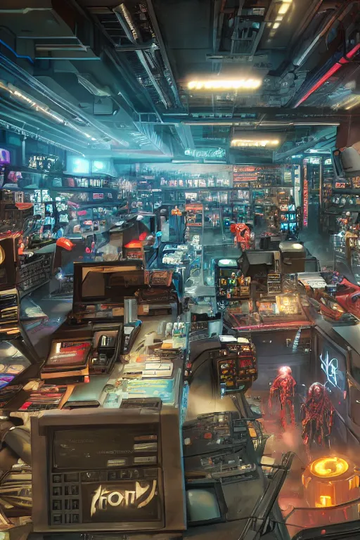 Prompt: Cybertron, The cash register of a futuristic Hot Topic store for goth Decepticons, Transformers, concept art, accurate perspective, cinematography by Wes Anderson, 4k octane render , cinematic lighting, Artstation