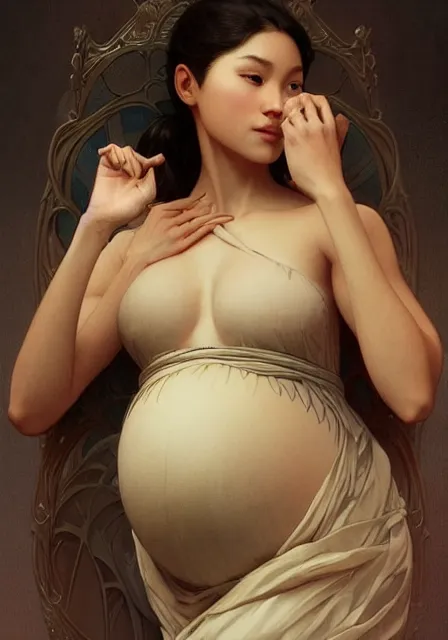 Image similar to pregnant simu liu, handsome, intricate, elegant, highly detailed, digital painting, artstation, concept art, smooth, sharp focus, illustration, art by artgerm and greg rutkowski and alphonse mucha and william - adolphe bouguereau