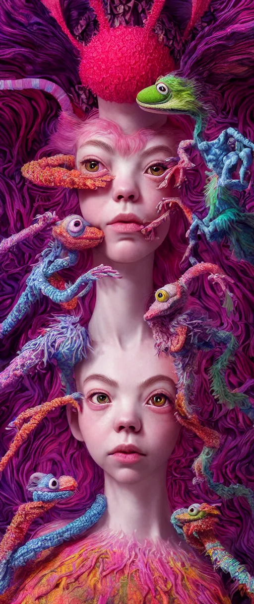 Image similar to hyper detailed 3d render like a Oil painting - kawaii portrait of two Aurora (a beautiful skeksis muppet fae princess protective playful expressive from dark crystal that looks like Anya Taylor-Joy) seen red carpet photoshoot in UVIVF posing in scaly dress to Eat of the Strangling network of yellowcake aerochrome and milky Fruit and His delicate Hands hold of gossamer polyp blossoms bring iridescent fungal flowers whose spores black the foolish stars by Jacek Yerka, Ilya Kuvshinov, Mariusz Lewandowski, Houdini algorithmic generative render, golen ratio, Abstract brush strokes, Masterpiece, Edward Hopper and James Gilleard, Zdzislaw Beksinski, Mark Ryden, Wolfgang Lettl, hints of Yayoi Kasuma and Dr. Seuss, octane render, 8k