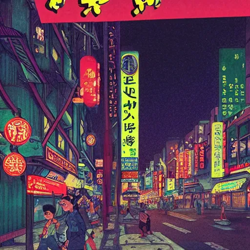 Prompt: fantasycore street view of 1950s tokyo at night by michael whelan and naomi okubo and dan mumford. cute 1950s robots. cel-shaded. glossy painting.