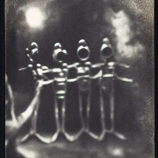 Image similar to polaroid photograph of horrorific alien beings visiting earth, 1 9 5 0