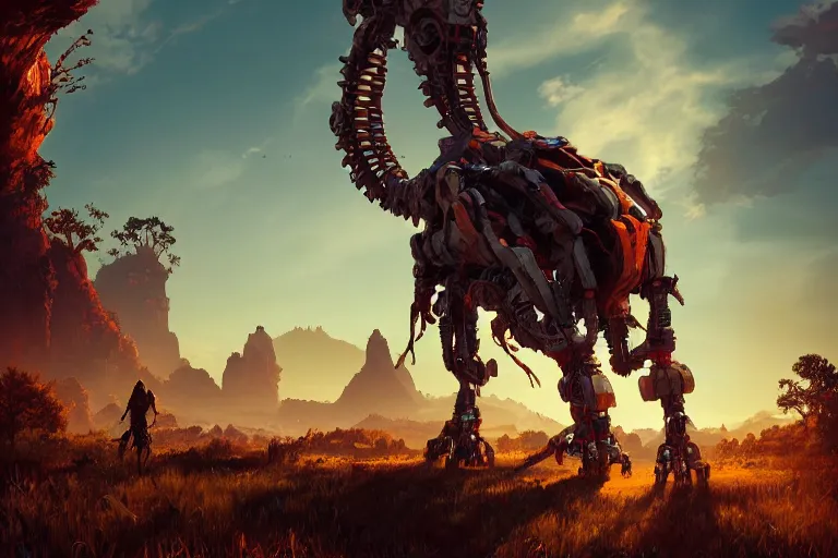 Image similar to tallneck machine creature robot of horizon forbidden west horizon zero dawn radiating a glowing aura global illumination ray tracing hdr fanart arstation by ian pesty and alena aenami artworks in 4 k