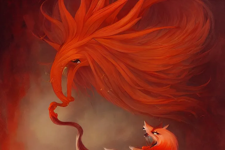 Image similar to prompt A beautiful red orange kumiho, nine fox tails, Peter Mohrbacher