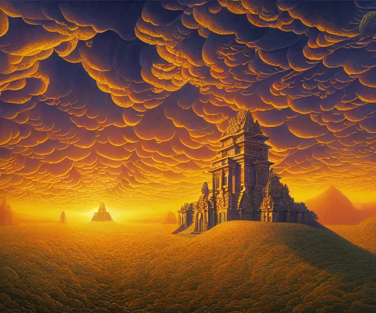 Image similar to hyper detailed 3d render like a Oil painting - ornate temple of the sun, dramatic sky in background, radiant, by Jacek Yerka, Mariusz Lewandowski, Houdini algorithmic generative render, Abstract brush strokes, Masterpiece, Edward Hopper and James Gilleard, Zdzislaw Beksinski, Mark Ryden, Wolfgang Lettl, hints of Yayoi Kasuma, octane render, 8k