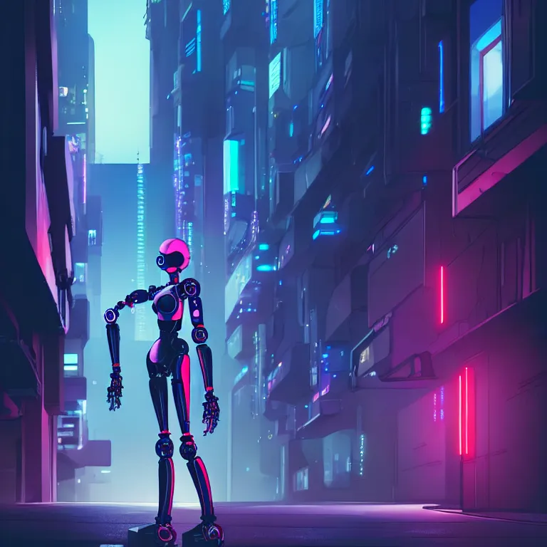 Prompt: a cyberpunk robot - girl stands in a cyberpunk street, at night, cinematic lighting, very detailed, style by tomino - sama