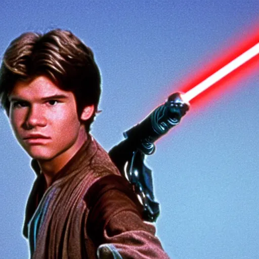 Image similar to A full color still from a film of a teenage Han Solo as a Jedi padawan holding a lightsaber hilt, from The Phantom Menace, directed by Steven Spielberg, 35mm 1990