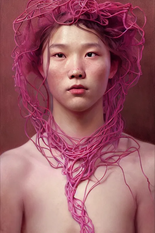 Image similar to hyperrealist portrait of elijah zu bailey, pink, it is decorated with long wires that fall like vines and wears small computers over their body. by jeremy mann and alphonse mucha, fantasy art, photo realistic, dynamic lighting, artstation, poster, volumetric lighting, very detailed faces, 4 k, award winning