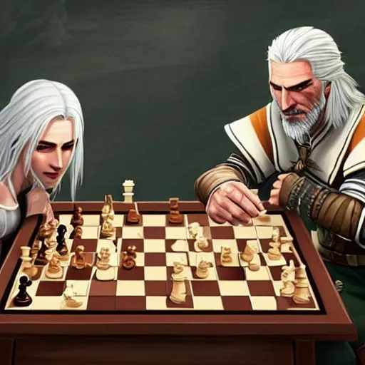 Image similar to Geralt of Rivia and Ciri playing chess in a tavern. geralt de rivia and ciri play at a table in the middle of the tavern, pixel art by Gerardo Quiroz, devian art, 4k