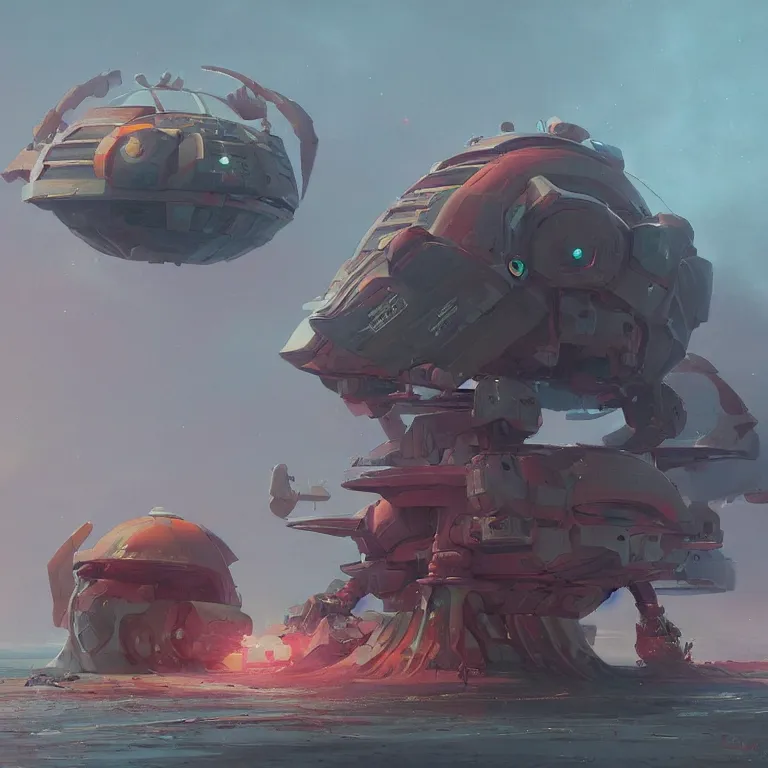 Image similar to mechanized hermit crab ship, sci-fi concept art, by John Harris, by Simon Stålenhag, highly detailed, award winning