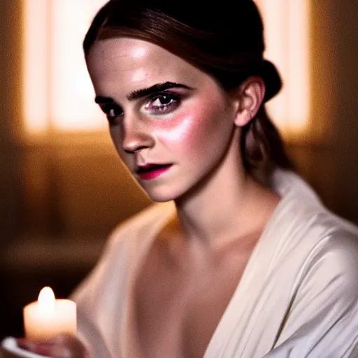 Image similar to colour portrait closeup!! Emma Watson long hair flowing silk robes baroque room candles mirrors cinematic lighting cinematic lighting cinematic lighting stanley kubrick barry lyndon 4k canon 5d mk4