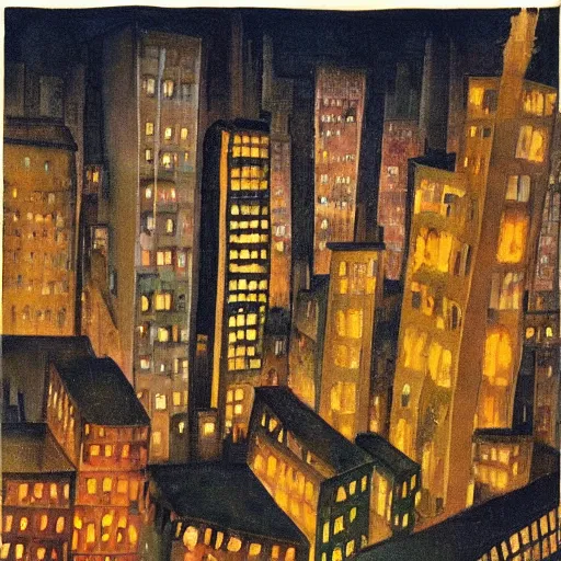 Prompt: A beautiful, but eerie, illustration of a cityscape at night. The buildings are all tall and thin, and they are lit up by a strange light. The sky is deep and dark and there are no stars to be seen. cutaway by Suzanne Valadon jaunty