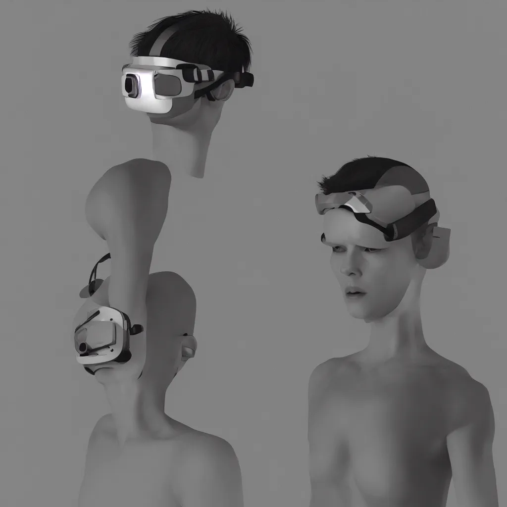 Prompt: non-binary model wearing a VR headset, in the style of Killian Eng, Takehiko Inoue, and Hiroya Oku, manga comic, photorealism, ambient lighting, beautiful, epic, 8k, 3d render