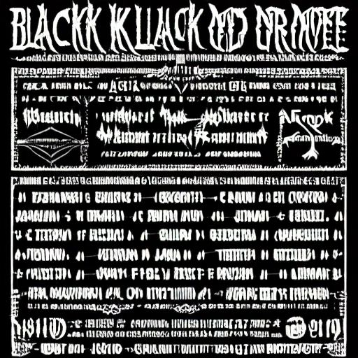 Prompt: black metal concert flyer, black metal logos, unreadable, 3 band lineup