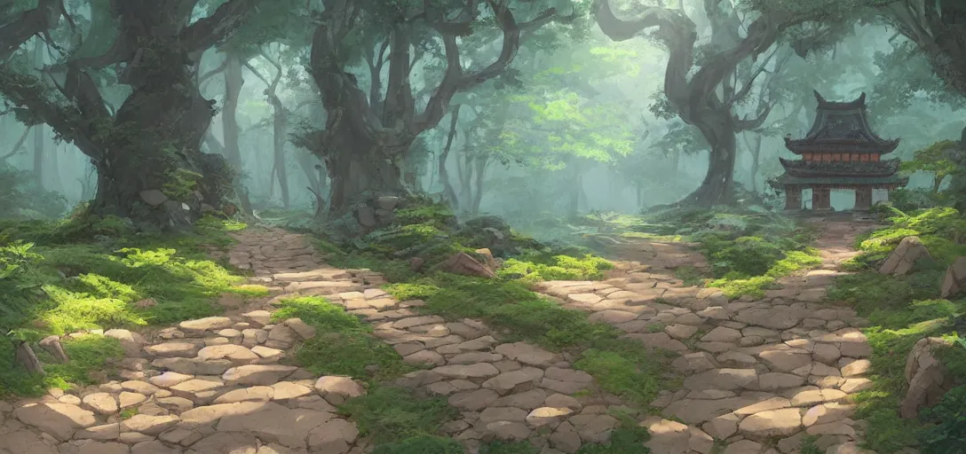 Prompt: concept art by sylvain sarrailh of an stone path leading to an abandonned asian temple, asiatic forest, studio ghibli