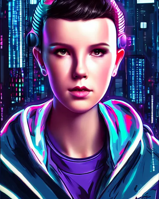 Prompt: cyberpunk millie bobby brown as a robot by rossdraws